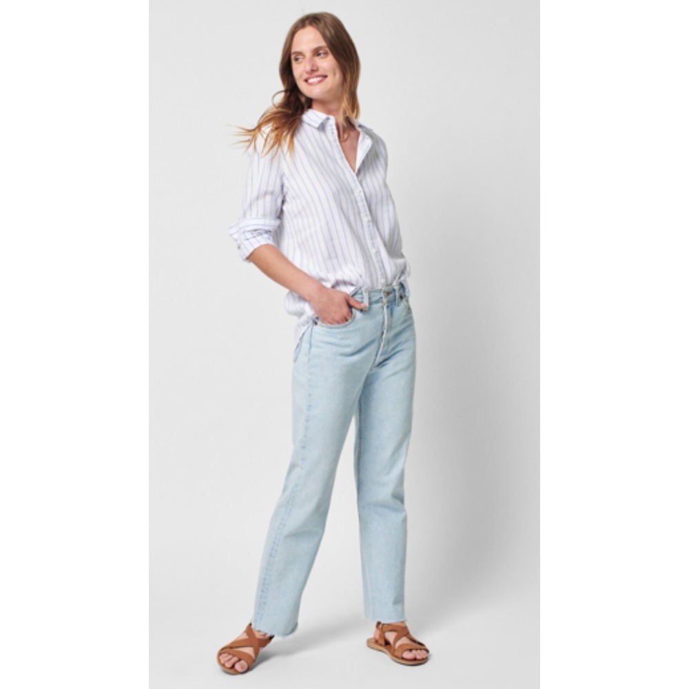 Faherty Malibu Linen Button Up Shirt Women's Small White Blue Stripe Long Sleeve